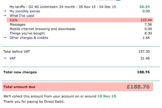 A Vodafone bill showing the cost of calls to the Isle of Man